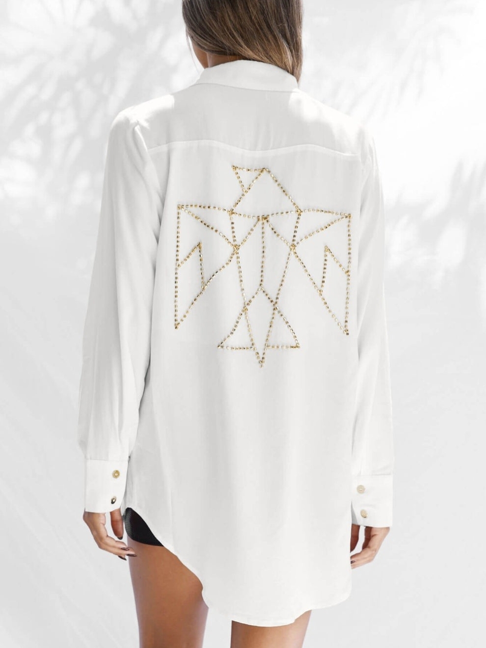 All Things Golden the signature gold beaded button up long sleeve shirt